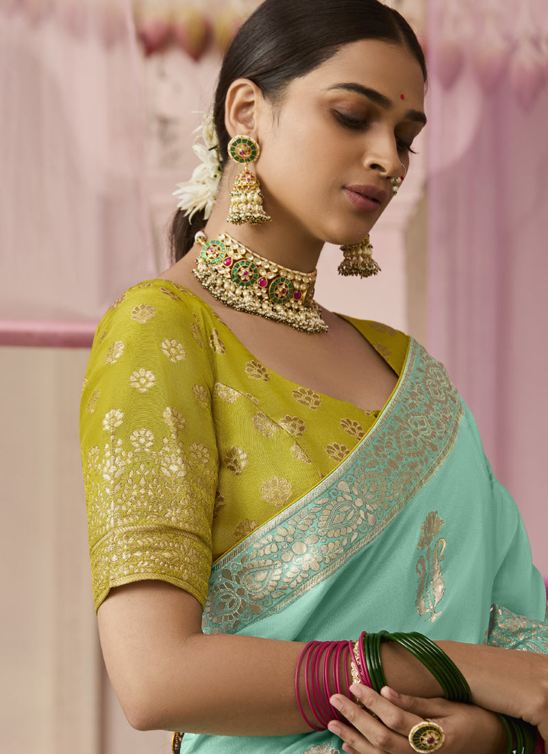 Turquoise Dola Silk Weaving Heavy Designer Contras Blouse