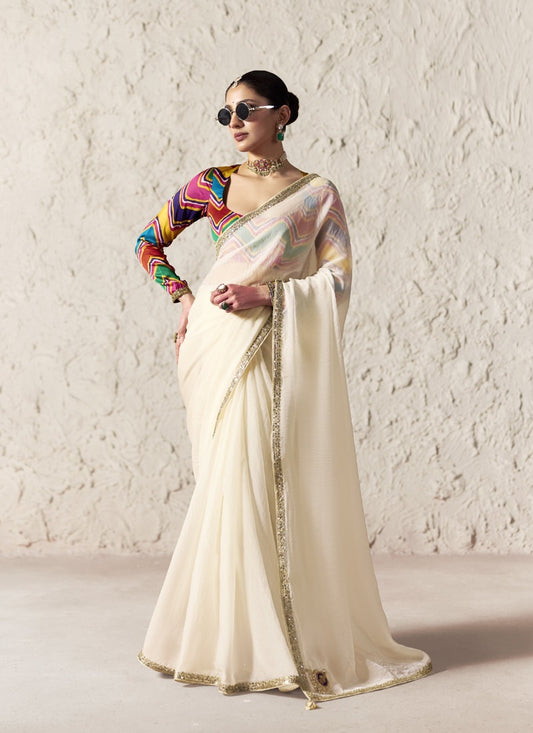 Fancy Glass Tissue Organza Saree with Sequins & Dhaga Embroidery Work Designer Saree