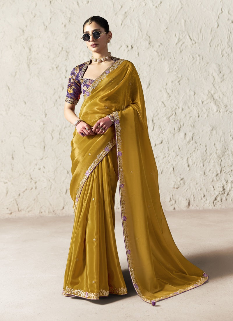 Fancy Glass Tissue Organza Saree with Sequins & Dhaga Embroidery Work Designer Saree