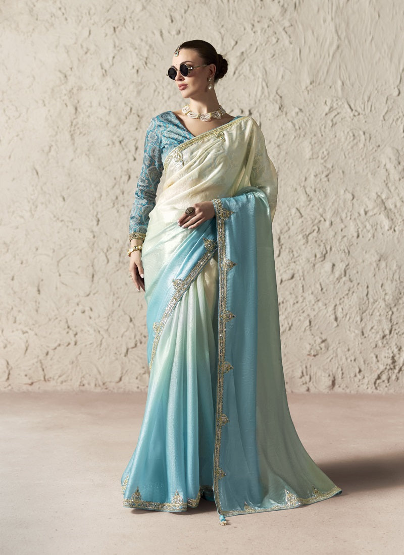 Fancy Glass Tissue Organza Saree with Sequins & Dhaga Embroidery Work Designer Saree
