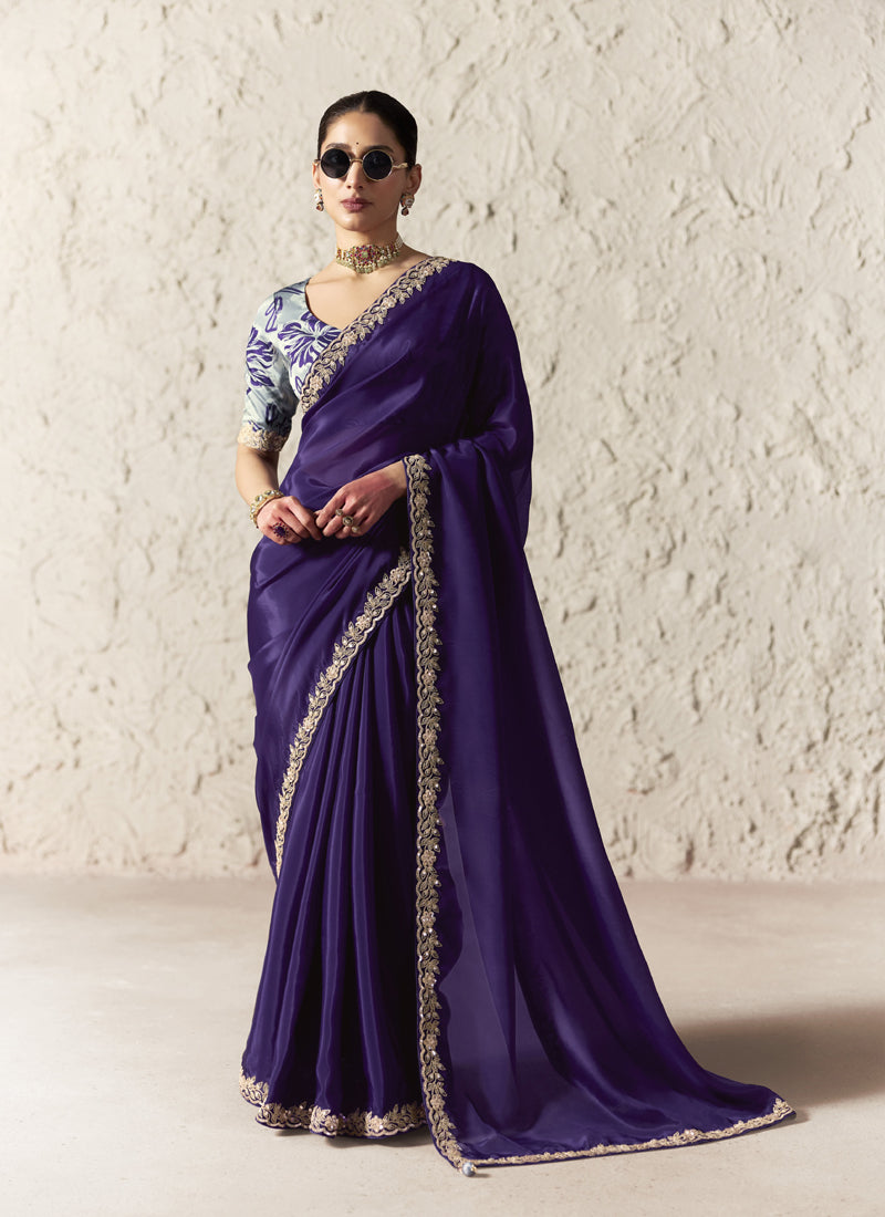 Fancy Glass Tissue Organza Saree with Sequins & Dhaga Embroidery Work Designer Saree