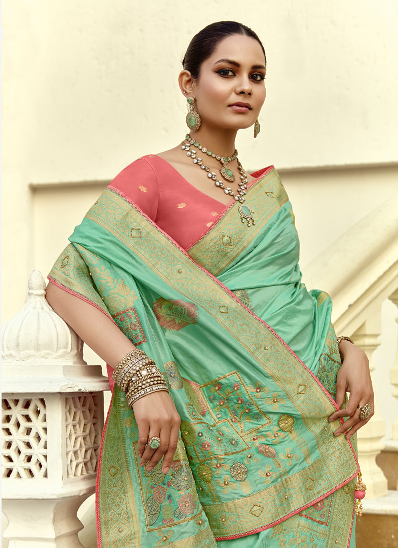 Pista Dola Silk Heavy Zari Weaving Wedding Sarees