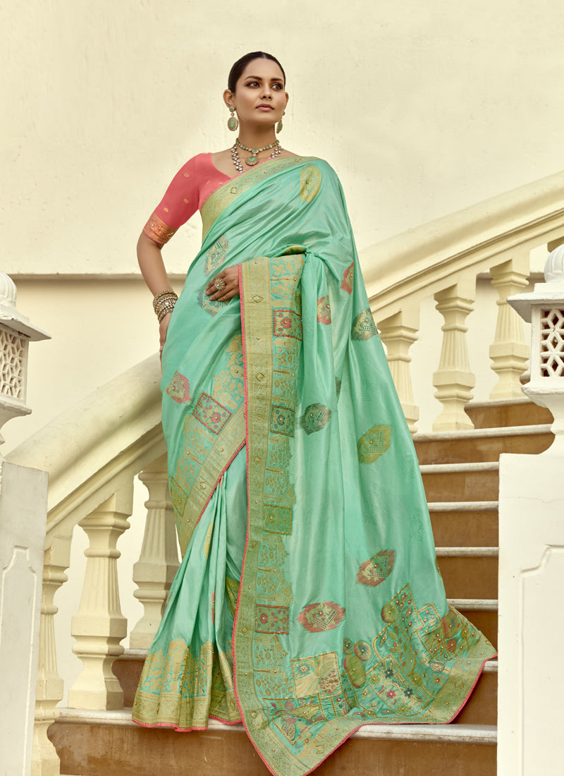 Pista Dola Silk Heavy Zari Weaving Wedding Sarees