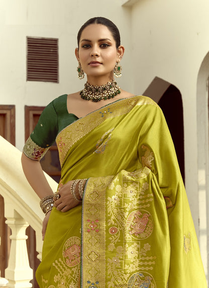 Olive Dola Silk Heavy Zari Weaving Wedding Sarees