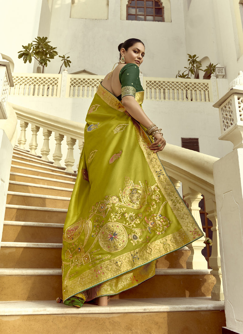 Olive Dola Silk Heavy Zari Weaving Wedding Sarees