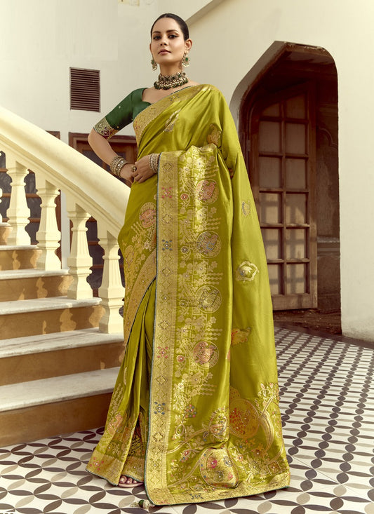 Olive Dola Silk Heavy Zari Weaving Wedding Sarees