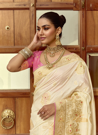 White Dola Silk Heavy Zari Weaving Wedding Sarees