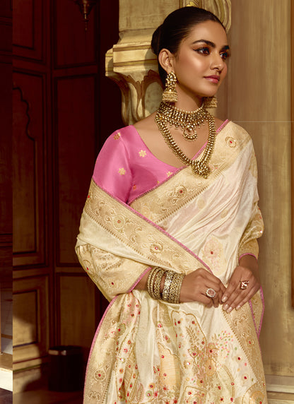 White Dola Silk Heavy Zari Weaving Wedding Sarees