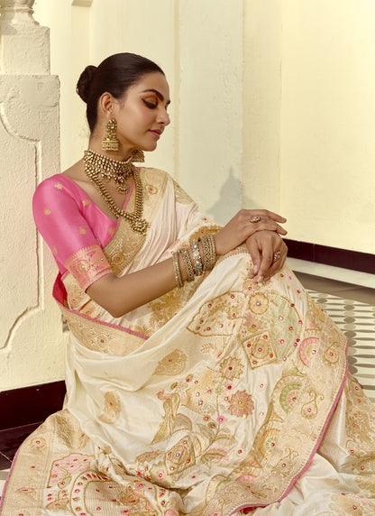 White Dola Silk Heavy Zari Weaving Wedding Sarees