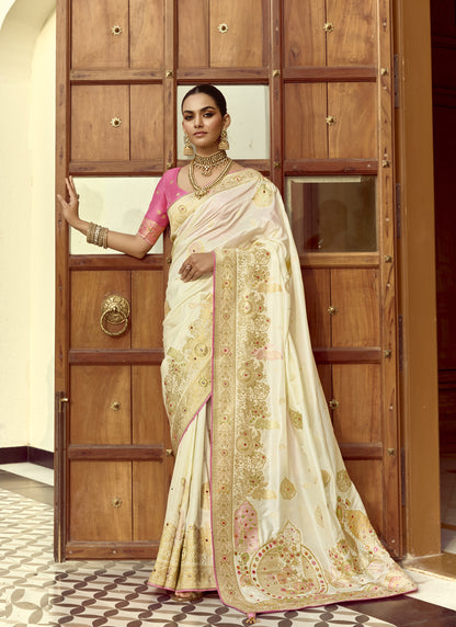 White Dola Silk Heavy Zari Weaving Wedding Sarees