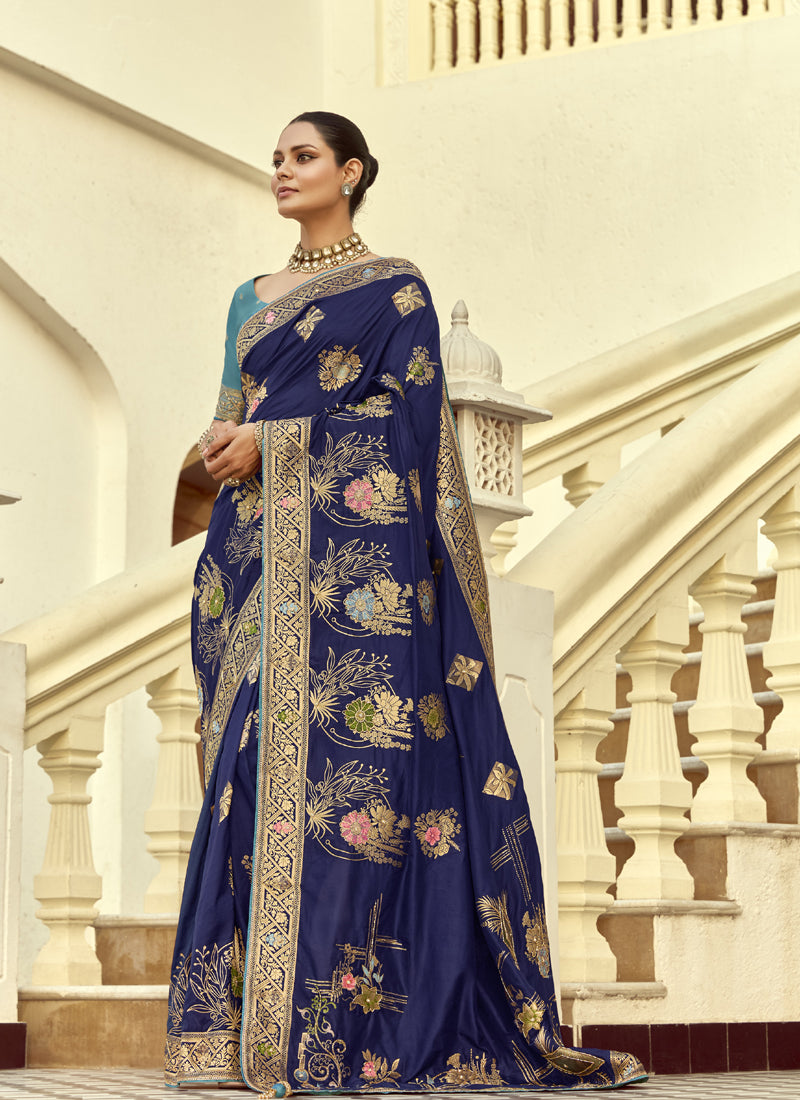 Navy Blue Dola Silk Heavy Zari Weaving Wedding Sarees