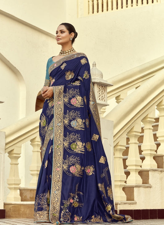 Navy Blue Dola Silk Heavy Zari Weaving Wedding Sarees