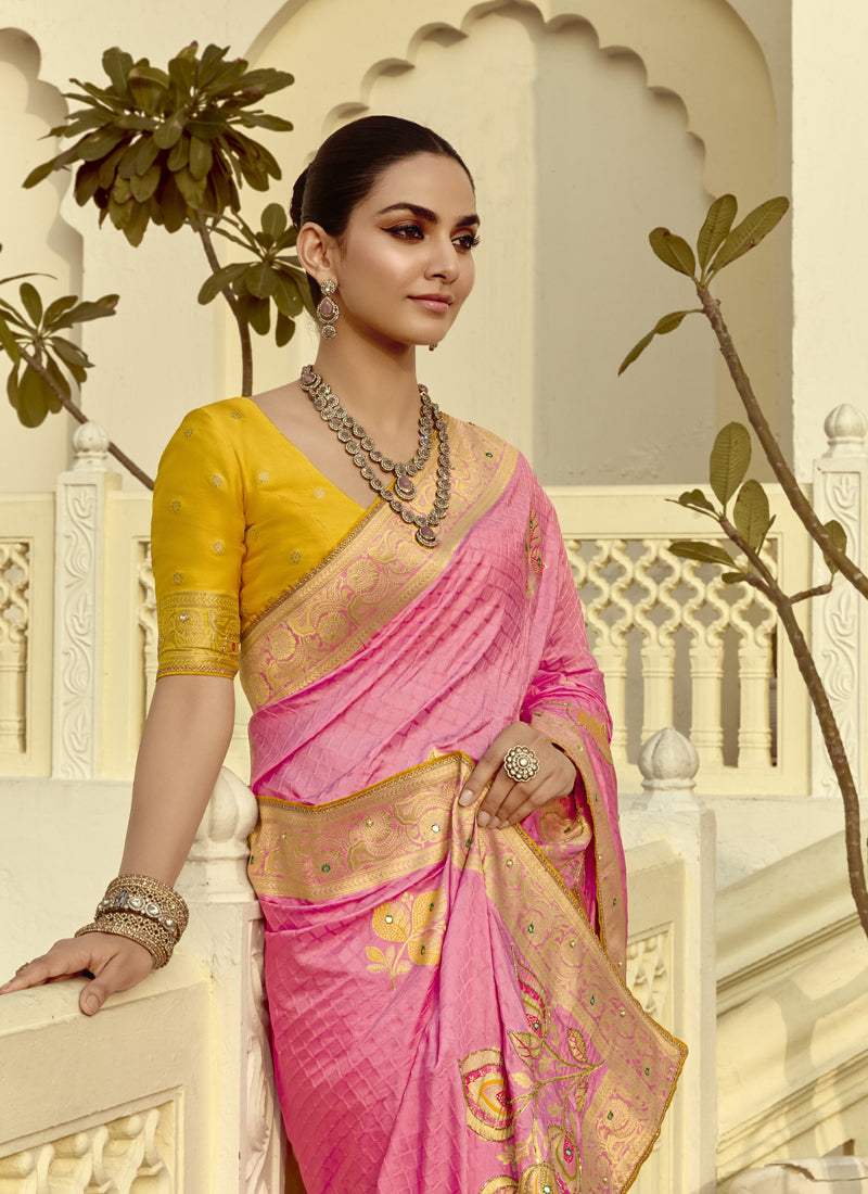 Pink Dola Silk Heavy Zari Weaving Wedding Sarees