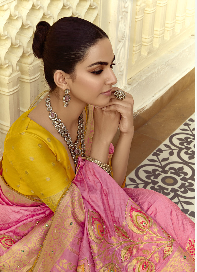 Pink Dola Silk Heavy Zari Weaving Wedding Sarees