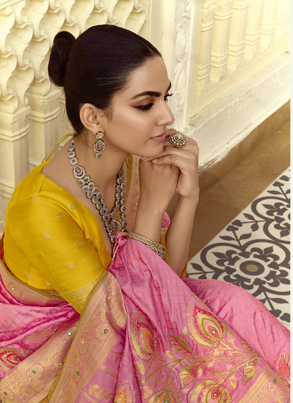 Pink Dola Silk Heavy Zari Weaving Wedding Sarees