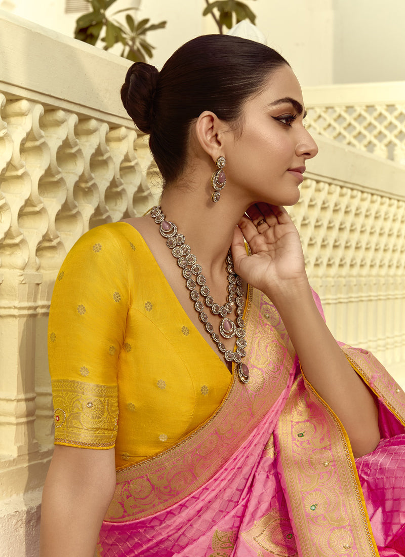 Pink Dola Silk Heavy Zari Weaving Wedding Sarees