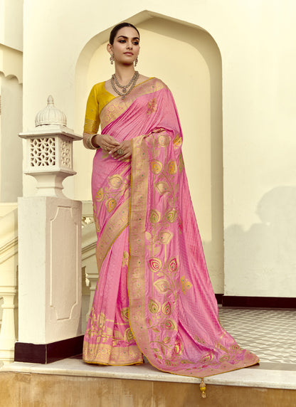 Pink Dola Silk Heavy Zari Weaving Wedding Sarees
