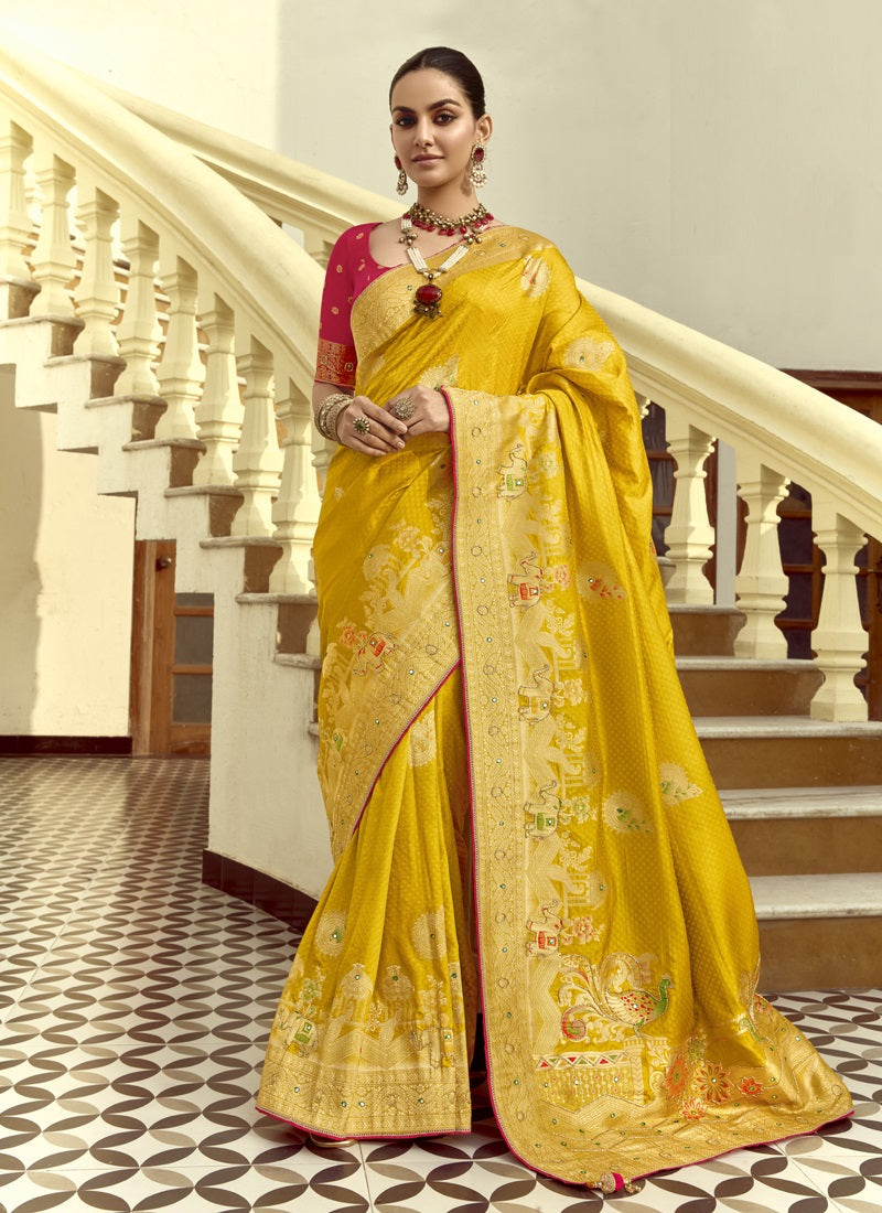 Yellow Dola Silk Heavy Zari Weaving Wedding Sarees