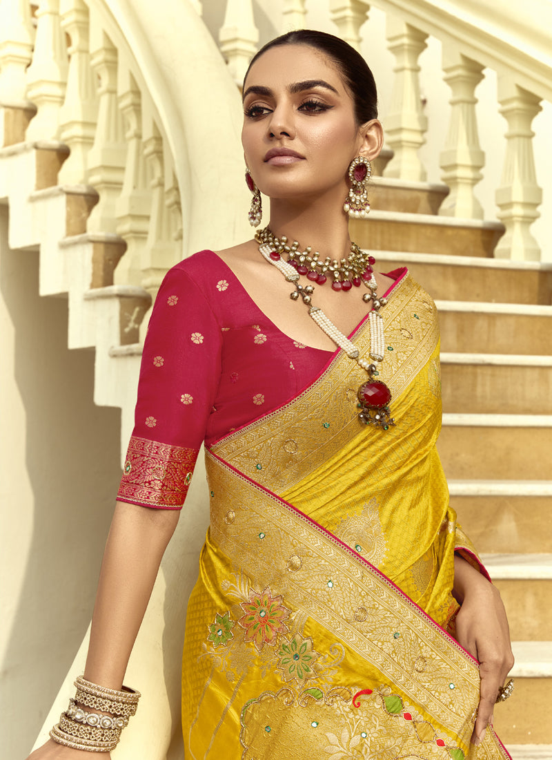 Yellow Dola Silk Heavy Zari Weaving Wedding Sarees