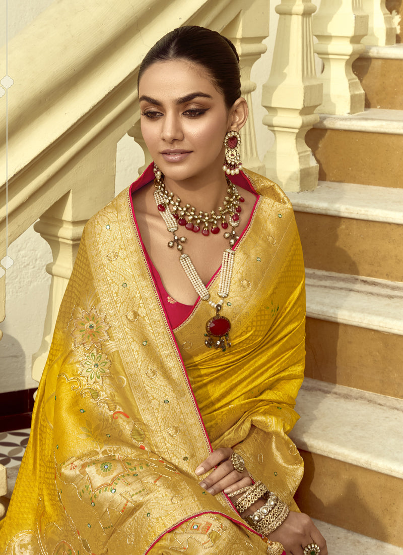 Yellow Dola Silk Heavy Zari Weaving Wedding Sarees