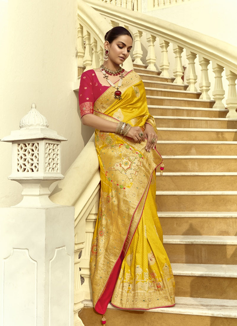 Yellow Dola Silk Heavy Zari Weaving Wedding Sarees