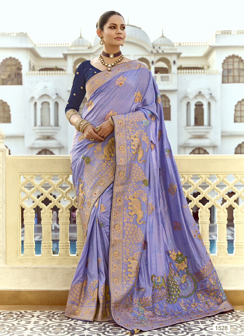 Lavender Dola Silk Heavy Zari Weaving Wedding Sarees