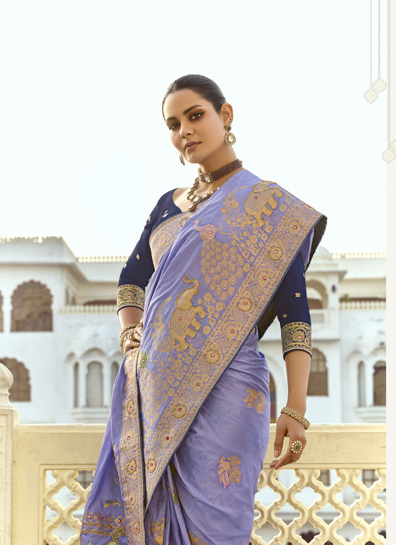 Lavender Dola Silk Heavy Zari Weaving Wedding Sarees