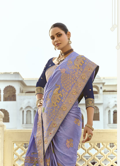 Lavender Dola Silk Heavy Zari Weaving Wedding Sarees
