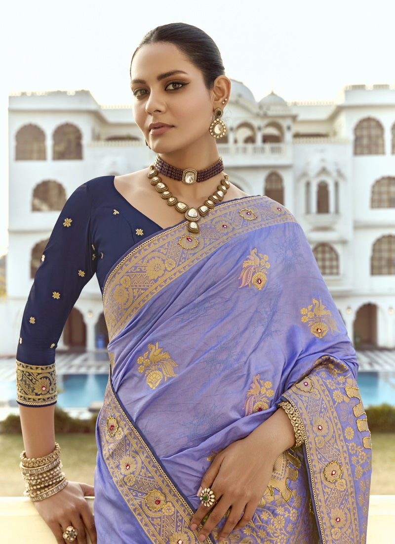Lavender Dola Silk Heavy Zari Weaving Wedding Sarees