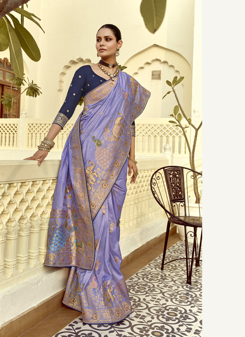 Lavender Dola Silk Heavy Zari Weaving Wedding Sarees