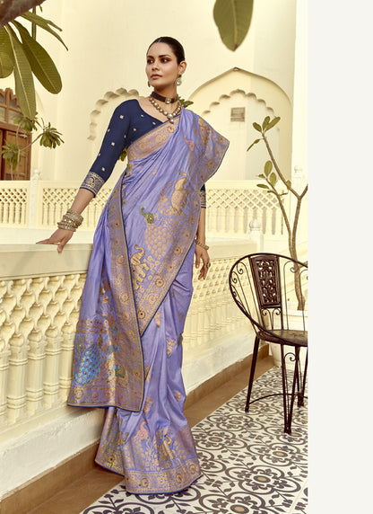 Lavender Dola Silk Heavy Zari Weaving Wedding Sarees