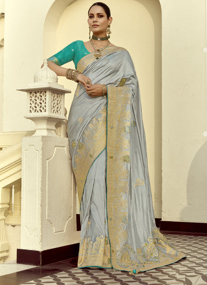 Light Gray Dola Silk And Designer Contrast Blouse Wedding Sarees