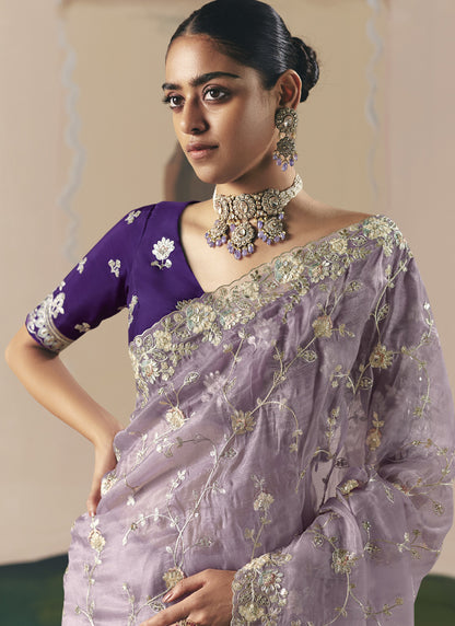 Lavender Tissue Silk Heavy Designer Saree