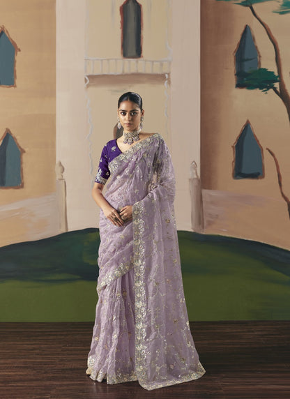 Lavender Tissue Silk Heavy Designer Saree