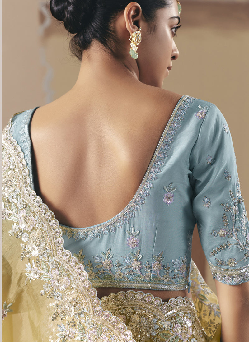 Mustard Tissue Silk Cut Work Border Heavy Designer Saree