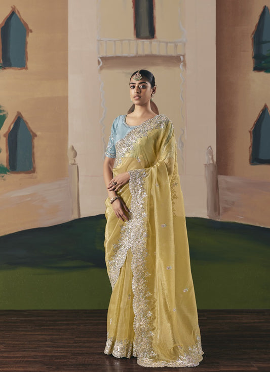 Mustard Tissue Silk Cut Work Border Heavy Designer Saree