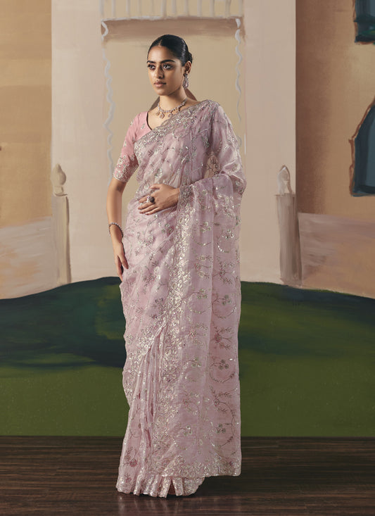 Baby Pink Tissue Silk Heavy Designer Saree