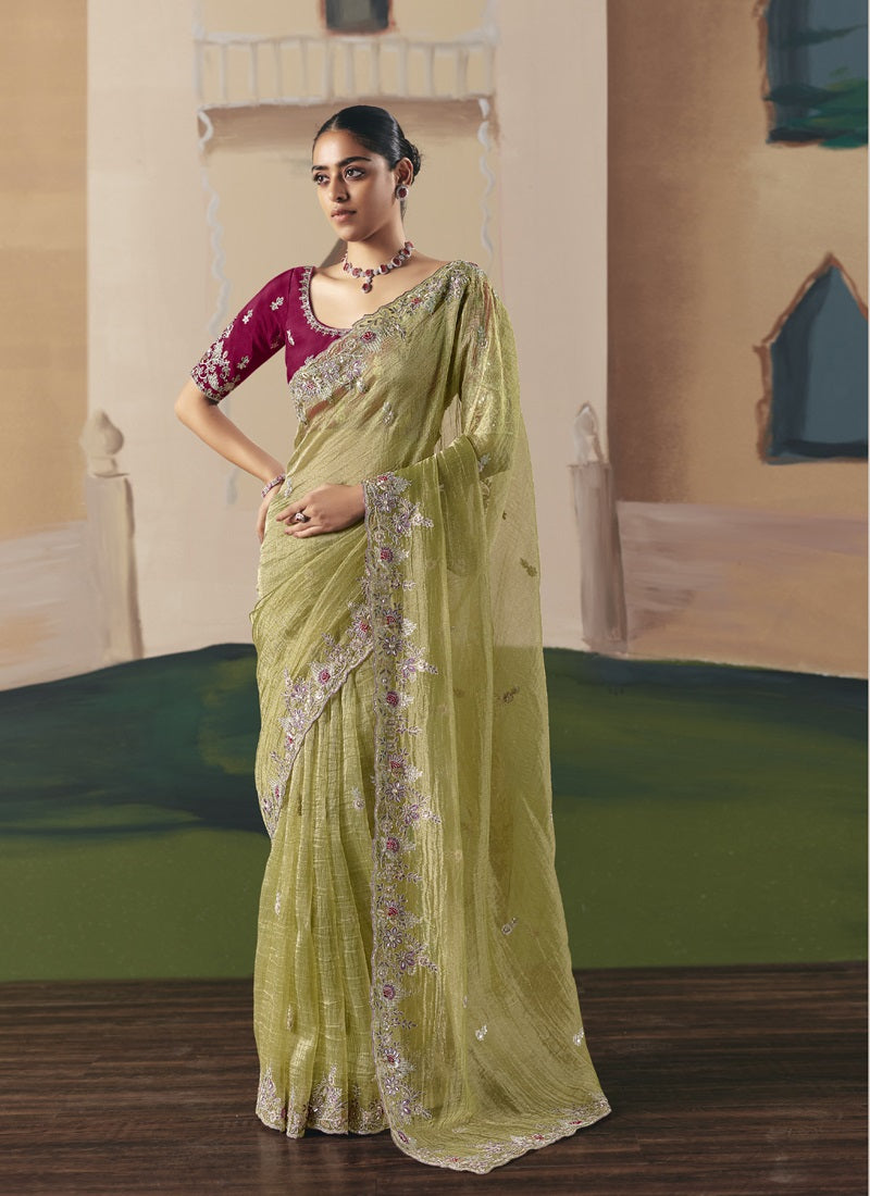 Olive Tissue Silk Cut Work Border Heavy Designer Saree