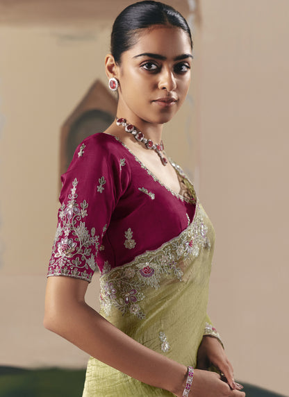 Olive Tissue Silk Cut Work Border Heavy Designer Saree