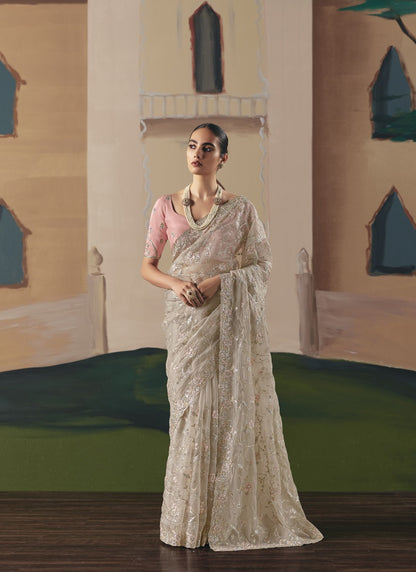Beige Tissue Silk Cut Work Border Heavy Designer Saree
