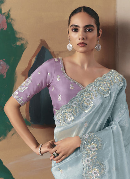 Sky Blue Glass Tissue Silk Border Heavy Designer Saree