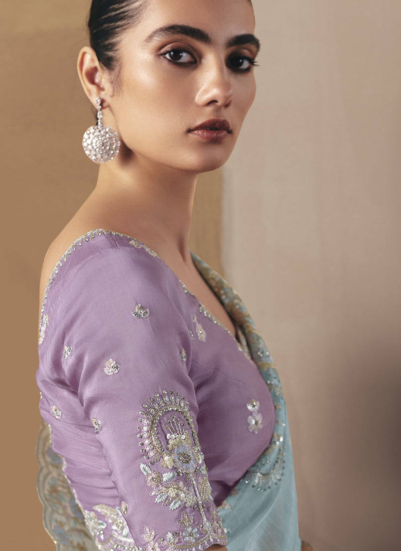 Sky Blue Glass Tissue Silk Border Heavy Designer Saree