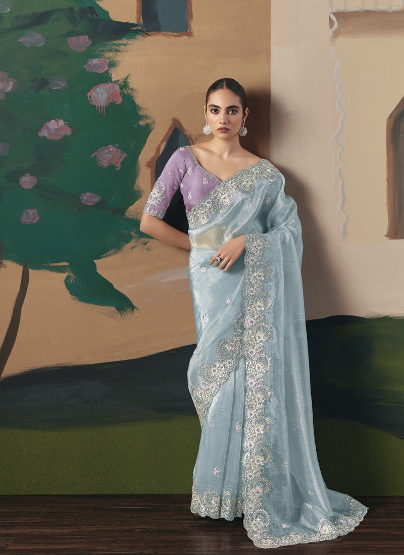 Sky Blue Glass Tissue Silk Border Heavy Designer Saree