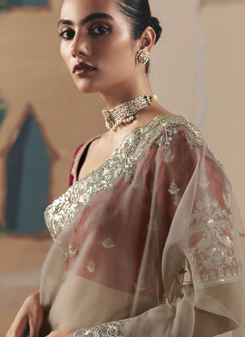 Coffee Organza Heavy Designer Saree