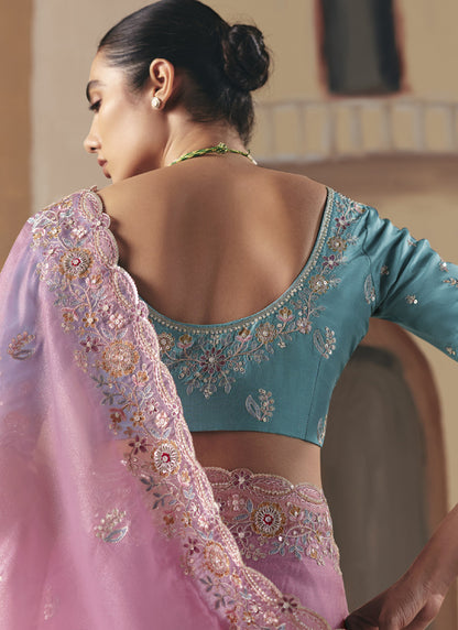 Baby Pink Tissue Silk Border Heavy Designer Saree