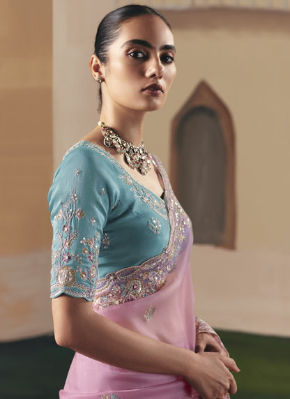 Baby Pink Tissue Silk Border Heavy Designer Saree