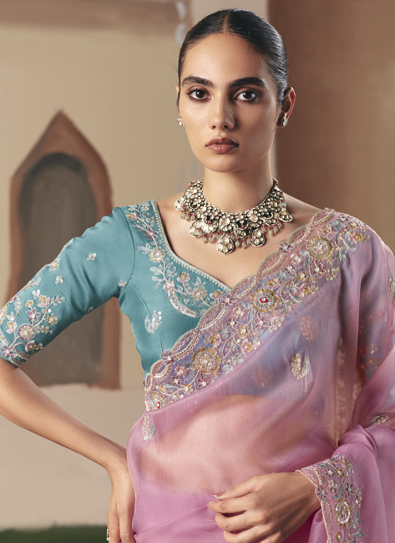 Baby Pink Tissue Silk Border Heavy Designer Saree