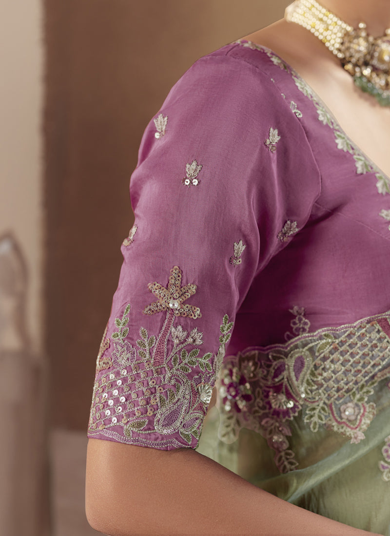 Pista Tissue Silk Border Heavy Designer Saree