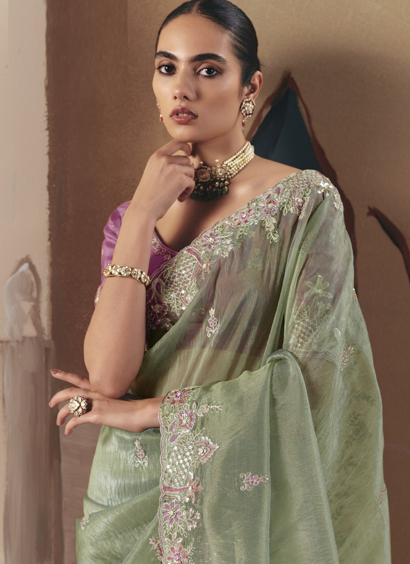 Pista Tissue Silk Border Heavy Designer Saree