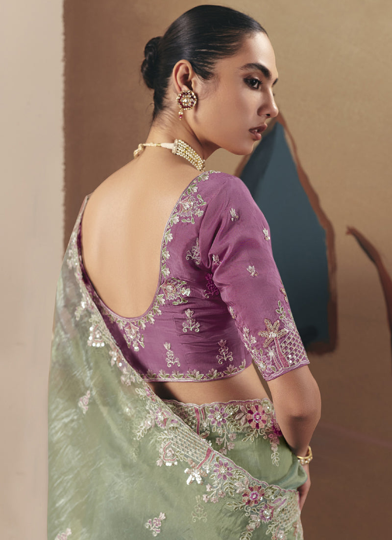 Pista Tissue Silk Border Heavy Designer Saree